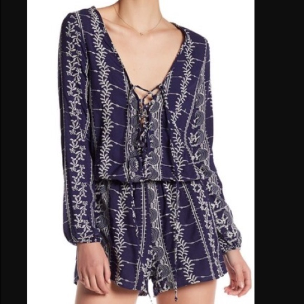 Vintage Havana lace up embroidered romper